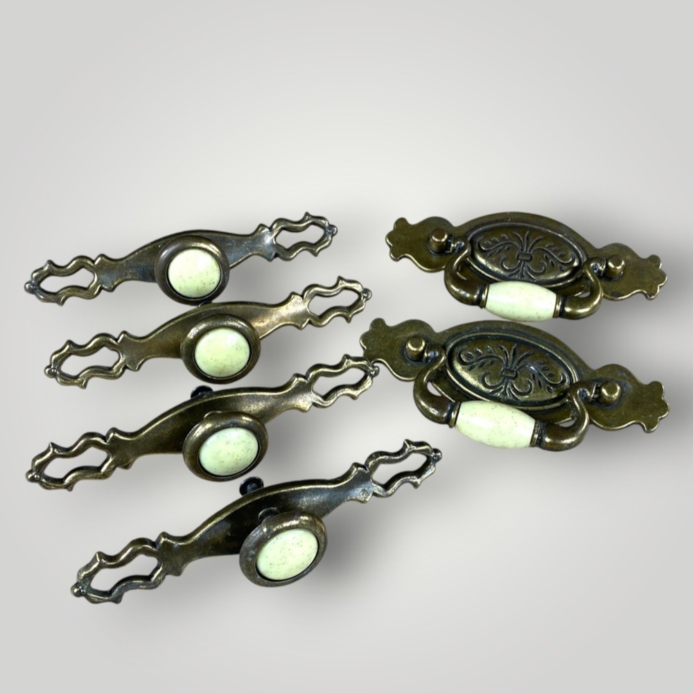 French Provincial Drawer Pulls Brass Ceramic Hardware Set of 6 1970s Vintage